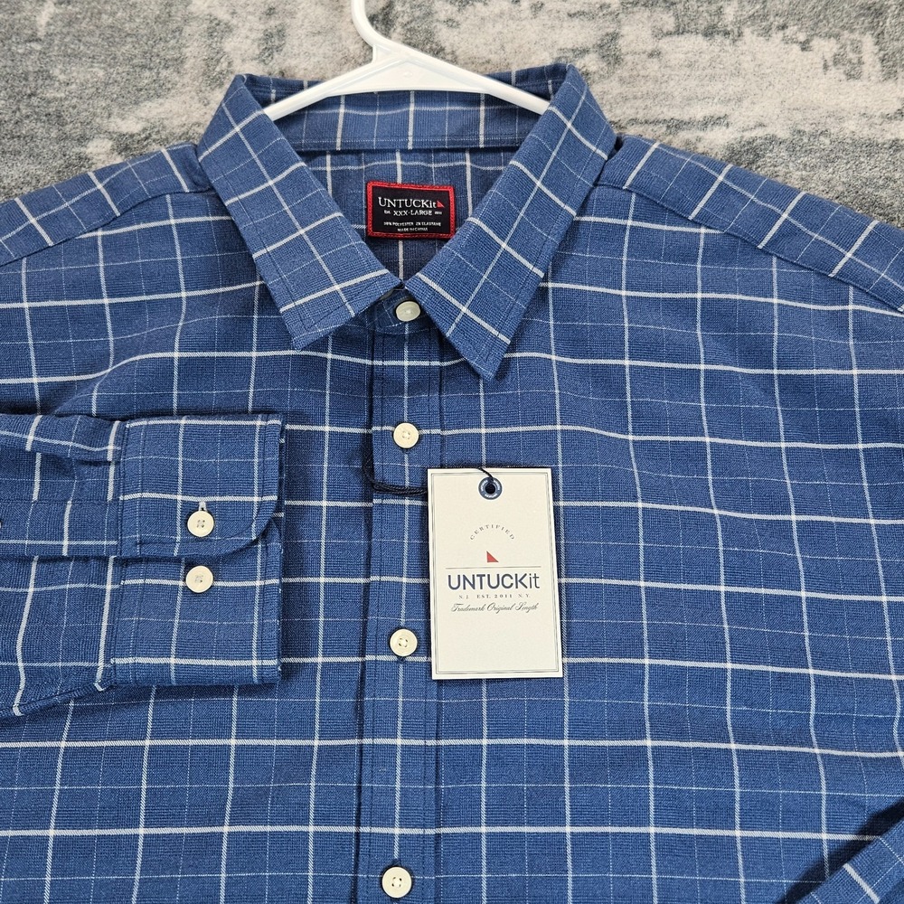 UNTUCKit Otranto Shirt Mens XXXL Blue Windowpane Check Plaid Regular Stretch NWT